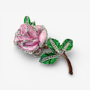 Large Antique Pot Metal Art Nouveau Pink Green Rose Marcasite Flower Brooch.